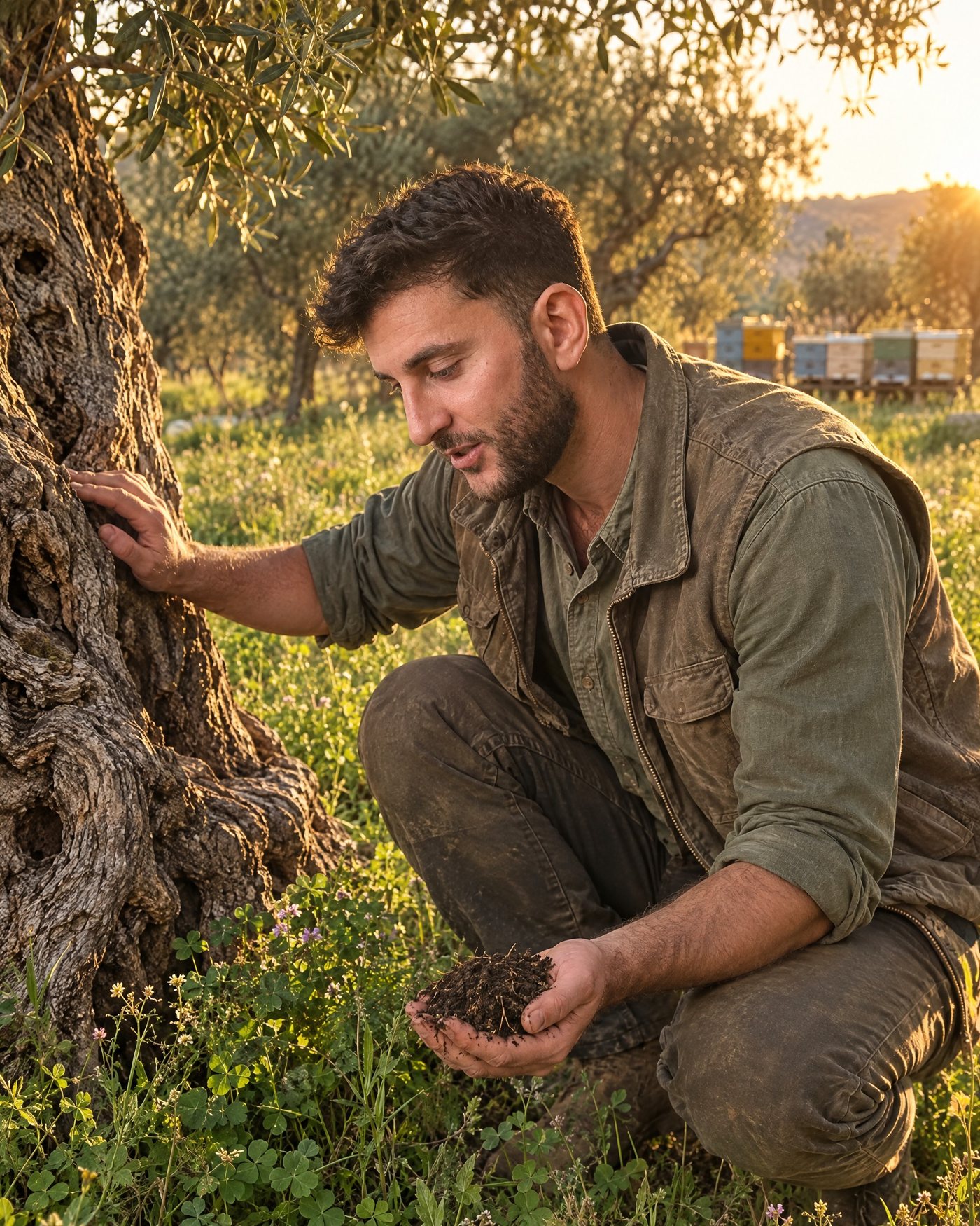 Francesco Mancino chinato a terra tra gli ulivi secolari, controlla il suolo biologico
